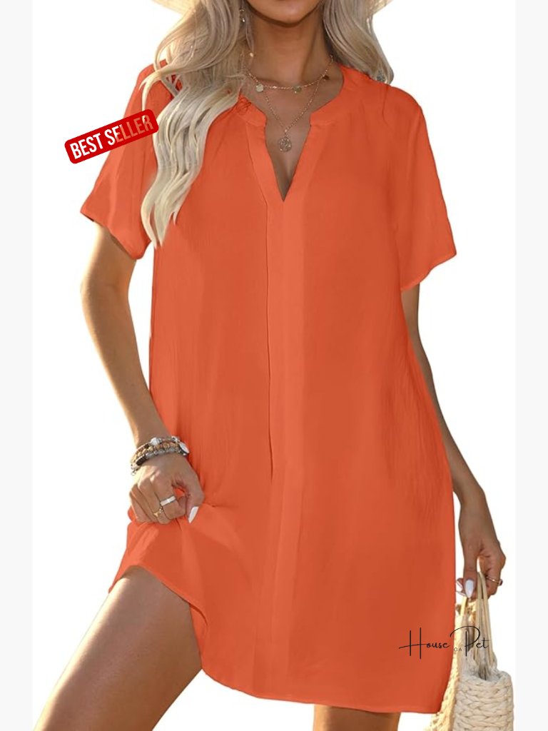 Swimsuit Cover Up Shirt V Neck Short Sleeve Bathing Suit Coverups Summer Beach